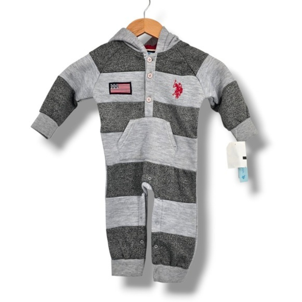 New US Polo Assn Baby Boys Hooded Sweatshirt Romper Grey Striped‎ Size 18M